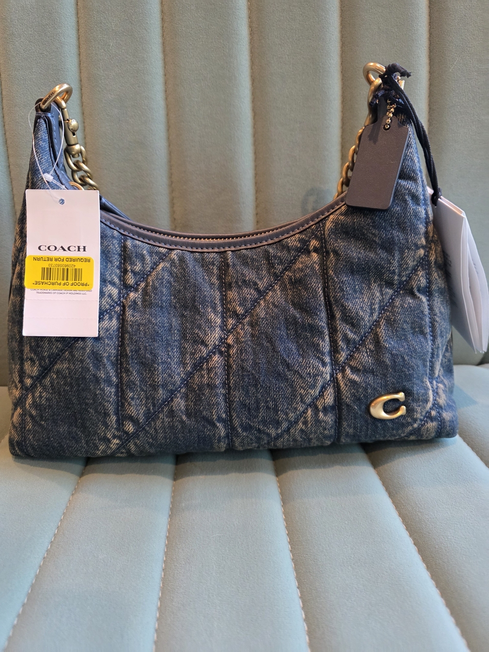 Coach Quilted Denim Shoulder Bag in Washed Blue with Gold Hardware
